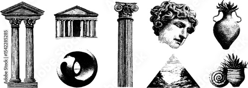 Neoclassical architecture elements and classical sculptures for design projects