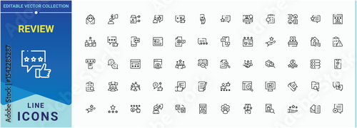 Review icon set. Minimalist vector collections. Contains such symbols as positive, survey, like, feedback, message, comment. Vector illustration. Comment icon set.