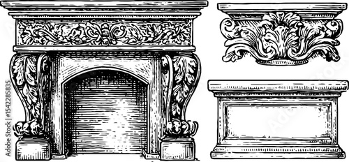 Ornate neo gothic fireplace mantle set with french decorative elements