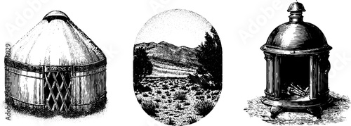 Traditional nomadic yurt and lattice wall with scenic mountain landscape design for poster or card