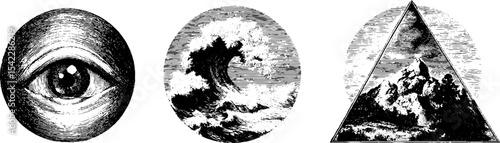 Abstract op art set with circle eye, ocean waves, and mountain pyramid
