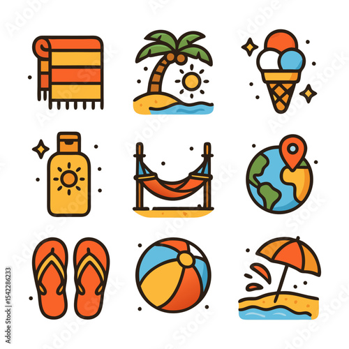 Collection of simple line art icons depicting summer vacation activities and beach essentials.