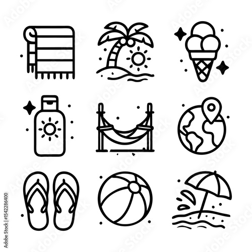 Summer vacation icons: beach, sun, ice cream, relaxation, travel essentials.