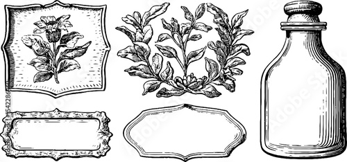 Vintage style ornamental soap labels and flourished tonic bottle design elements