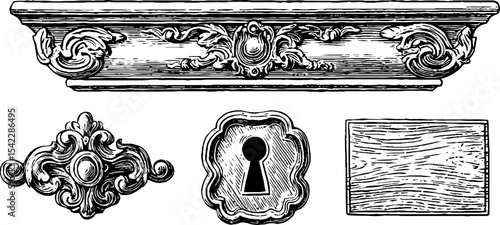 Ornate mantel trim and baroque wardrobe elements for decorative design projects