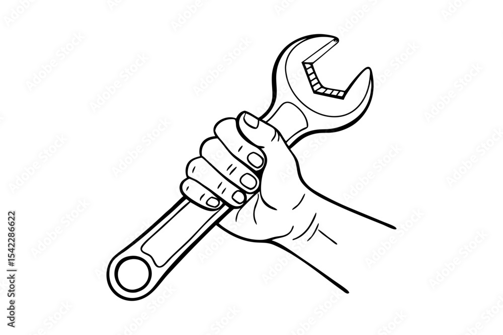 Obraz premium hand gripping adjustable wrench in line art style