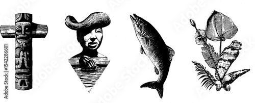 Traditional pacific totem pole and canoe symbols for cultural decoration