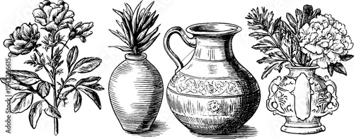 Vintage floral and ceramic art: handcrafted clay jugs and intricate flower arrangements