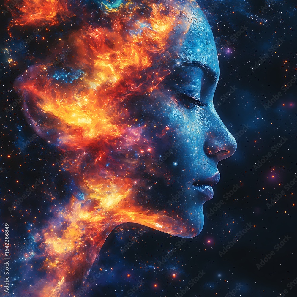 Cosmic portrait capturing the soul of a woman merging with the mystical universe photo Cosmic portrait capturing the soul of a woman merging with the mystical universe photo