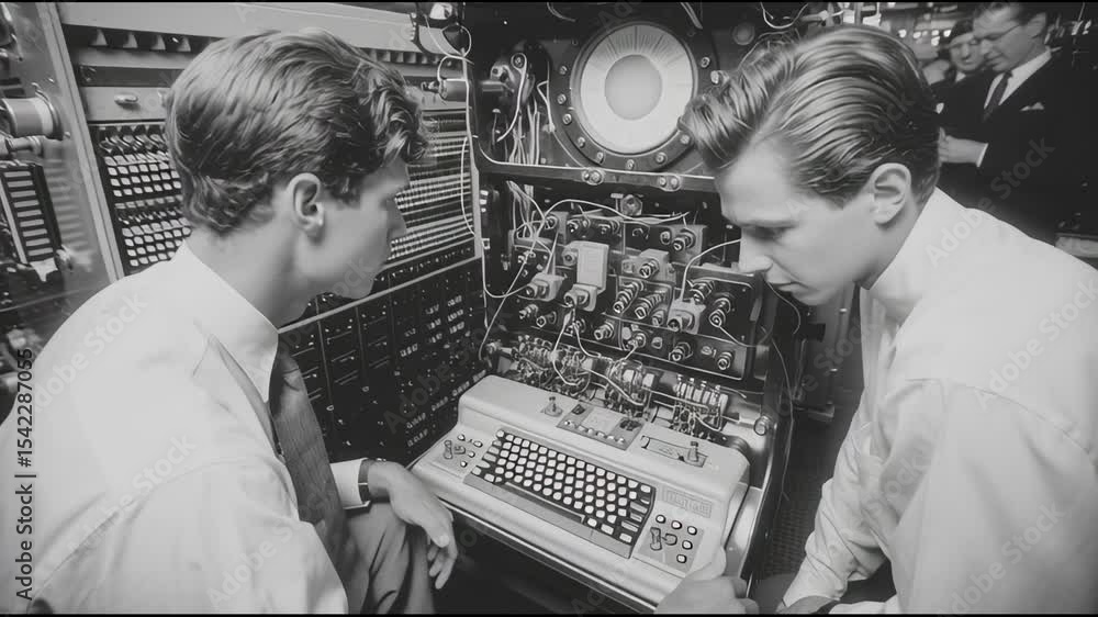 Two engineers concentrate on operating a large, complex vintage computer system in a technological workspace