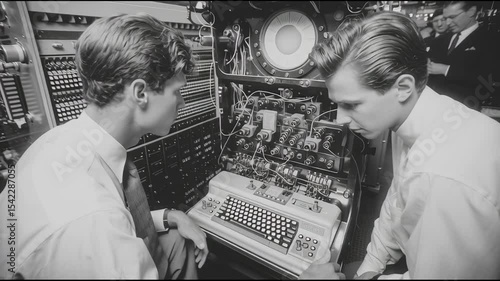 Two engineers concentrate on operating a large, complex vintage computer system in a technological workspace