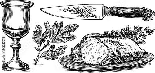 Rustic culinary set featuring pheasant leg roast and cranberry liqueur glass for holiday feasts
