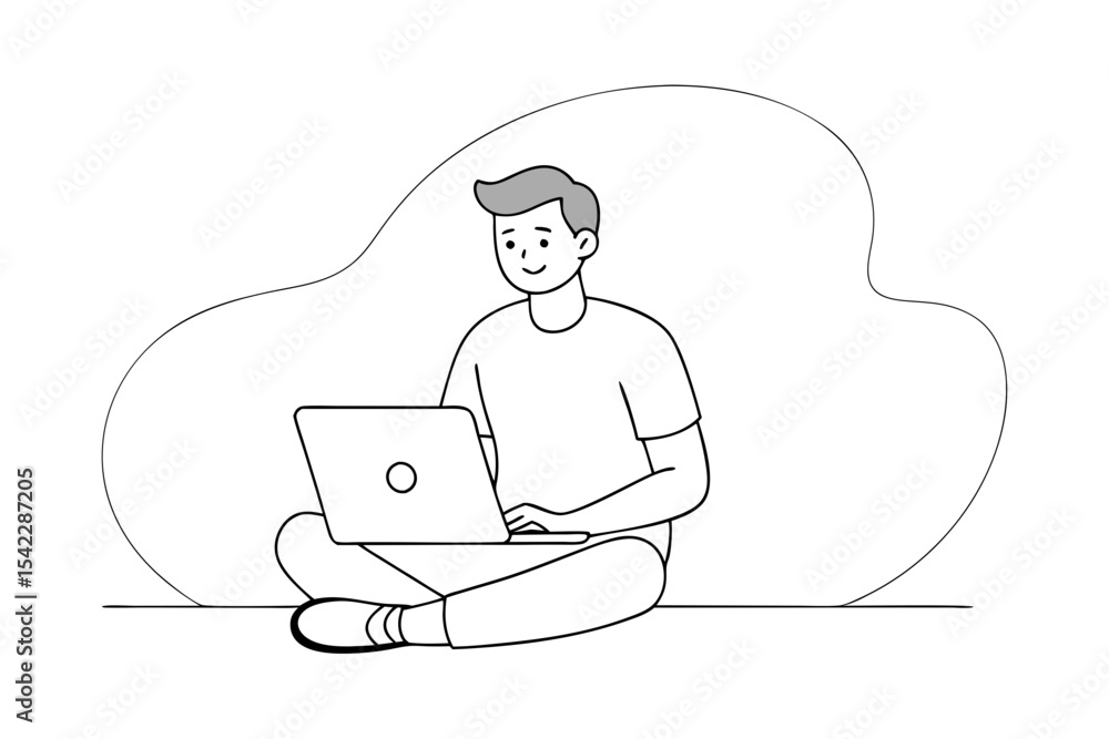 man using laptop computer line drawing man using laptop computer line drawing