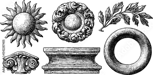 Ornate classical elements and sunwheel motif for design inspiration and decoration