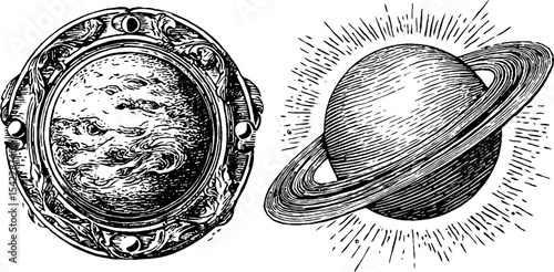 Celestial symbols and transformations: artistic representation of planets and cosmic designs