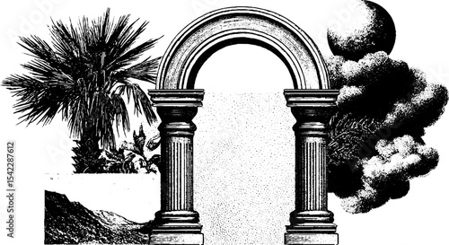 Postmodern arch and color block design with nature elements for artistic inspiration