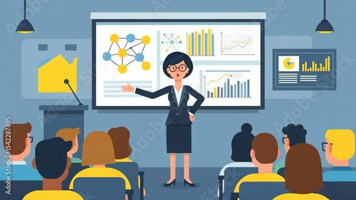 A woman giving a presentation to audience, corporate Memphis and flat design.