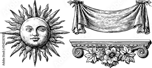 Vintage regency hanging banner and egyptian revival sun design for elegant decor