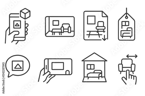 AR VR Home Icons. Line style icons of AR and VR at home: interior design AR app, virtual furniture placement, room scan file,