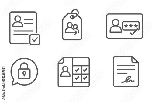 Digital Identity Icons. Line style icons of digital identity: user consent form icon, data sharing permission tag, access grant