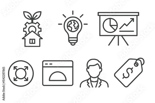 Climate Tech Icons. Line style icons of climate technologies: climate tech startup icon, innovation badge, pitch deck chart,