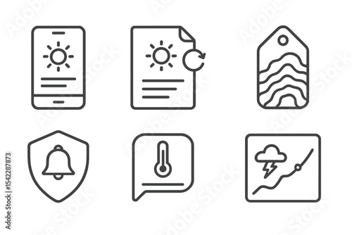 Climate Tech Icons. Line style icons of climate technologies: climate app dashboard icon, live updates file, heatmap tag, storm