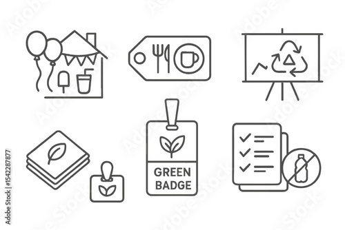 Eco-Friendly Party Icons. Line style icons of eco home habits: zero-waste party icon, reusable dishware tag, eco event chart,