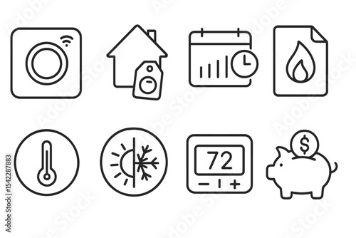 Climate Tech Line Icons. Line style icons of climate technologies: smart thermostat icon, home climate control tag, energy