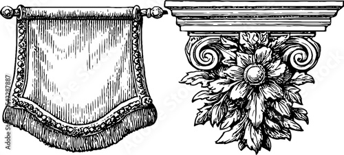 Vintage regency and egyptian revival hanging banner with ornate floral decoration design