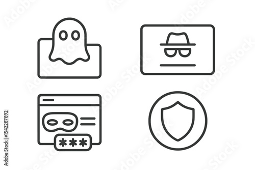 Digital Identity Icons. Line style icons of digital identity: anonymous identity icon, incognito profile tag, masked credentials