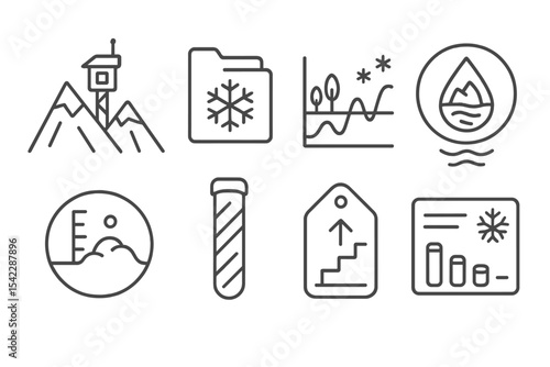 Climate Tech Icons. Line style icons of climate technologies: glacier monitoring station, permafrost sensor file, cryosphere data