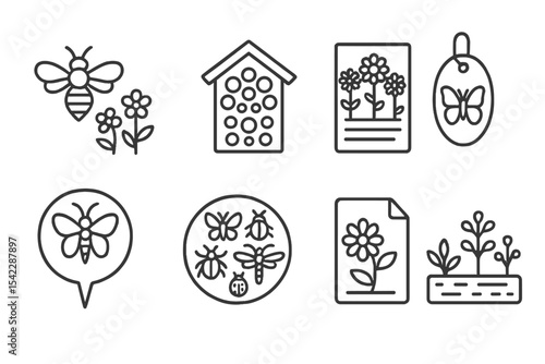 Ecosystem Regeneration Icons. Line style icons of ecosystem regeneration: pollinator habitat icon, bee shelter panel, native