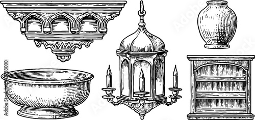 Set of renaissance and islamic architectural elements featuring coffered ceiling and decorative objects