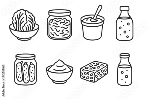 Fermented Foods Icons. Line style icons of fermented foods: kimchi, sauerkraut, yogurt, kombucha. pickles, miso paste, tempeh,