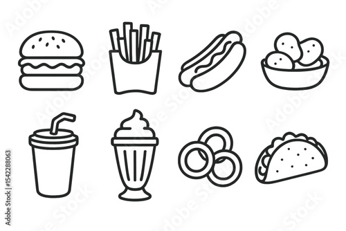 Fast Food Icons. Line style icons of fast food: burger, fries, hot dog, chicken nuggets. soda cup, milkshake, onion rings, taco.