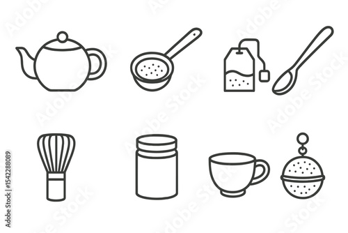 Tea Tools Icons. Line style icons of tea tools: teapot, tea strainer, tea bag, tea scoop. matcha whisk, tea canister, teacup, tea