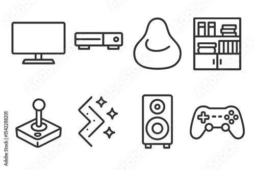 Game Room Icons. Line style icons of game room items: TV, gaming console, bean bag, game shelf. joystick, LED lights, speaker,