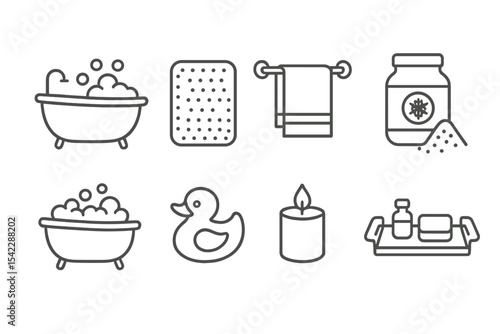 Bath Essentials Icons. Line style icons of bath essentials: bathtub, bath mat, towel rack, bath salts. bubble bath, rubber duck,