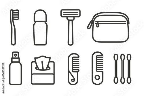 Travel Toiletry Icons. Line style icons of travel toiletry items: toothbrush, mini deodorant, razor, travel pouch. refill bottle,