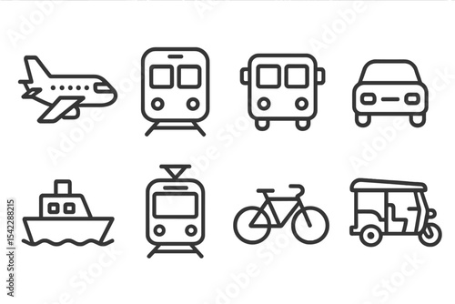 Transport Mode Icons. Line style icons of transportation modes: airplane, train, bus, car. ferry, tram, bike, tuk-tuk. No text, No