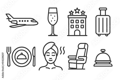 Luxury Travel Icons. Line style icons of luxury travel: private jet, champagne glass, luxury hotel, high-end luggage. fine dining,