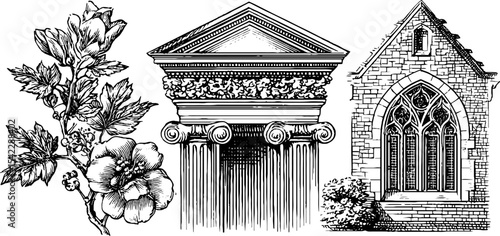Renaissance and baroque architecture with floral elements for artistic design projects