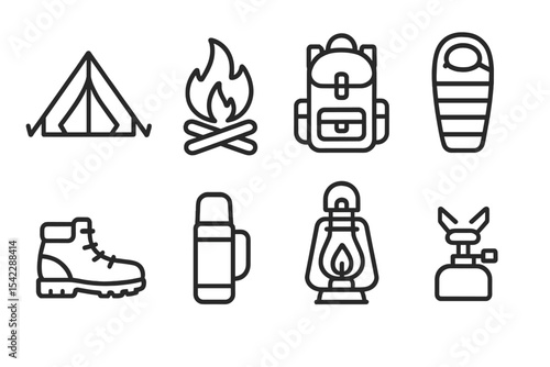 Camping Gear Icons. Line style icons of camping travel: tent, campfire, backpack, sleeping bag. hiking boots, thermos, lantern,