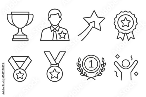 Career Awards Icons. Line style icons of career awards: trophy icon, best employee, rising star, award badge. ribbon icon, gold