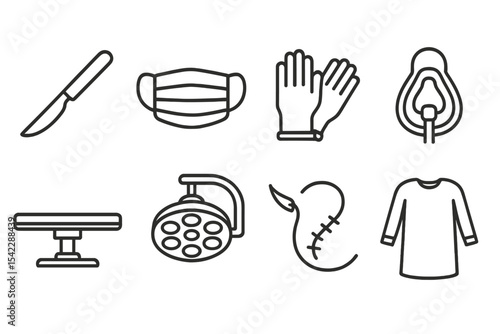 Surgical Tools Icons. Line style icons of surgery and operation: scalpel, surgical mask, gloves, anesthesia mask. operation table,