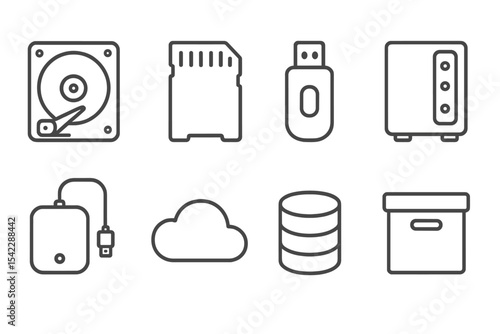 Digital Storage Icons. Line style icons of digital storage: hard drive, SD card, USB flash, NAS unit. external disk, storage cloud