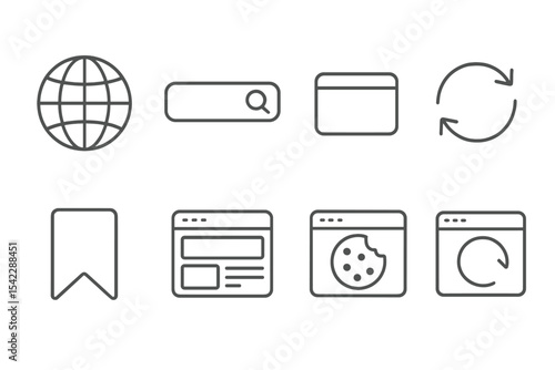 Internet Browsing Icons. Line style icons of internet browsing: globe icon, search bar, browser tab, refresh icon. bookmark icon,