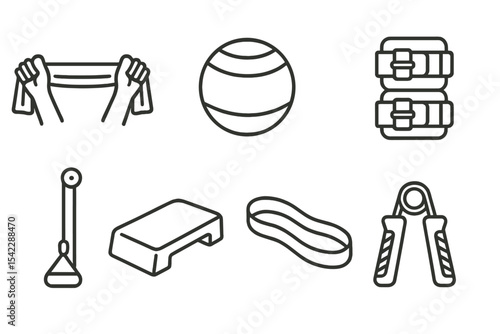 Physical Therapy Icons. Line style icons of physical therapy: stretch band, exercise ball, therapy mat, ankle weights. shoulder