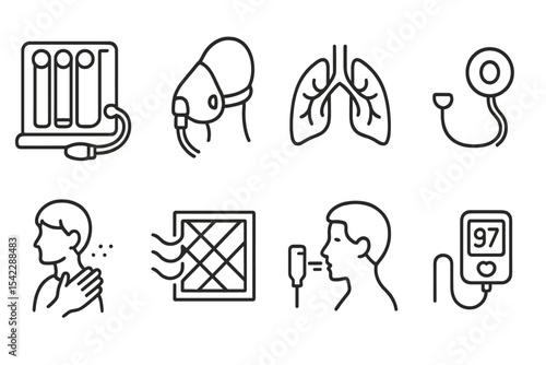 Respiratory Therapy Icons. Line style icons of respiratory therapy: spirometer, breathing mask, lung icon, oxygen tube. chest
