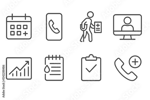 Follow-Up Care Icons. Line style icons of follow-up care: appointment calendar, phone check-in, rehab report, telehealth icon.